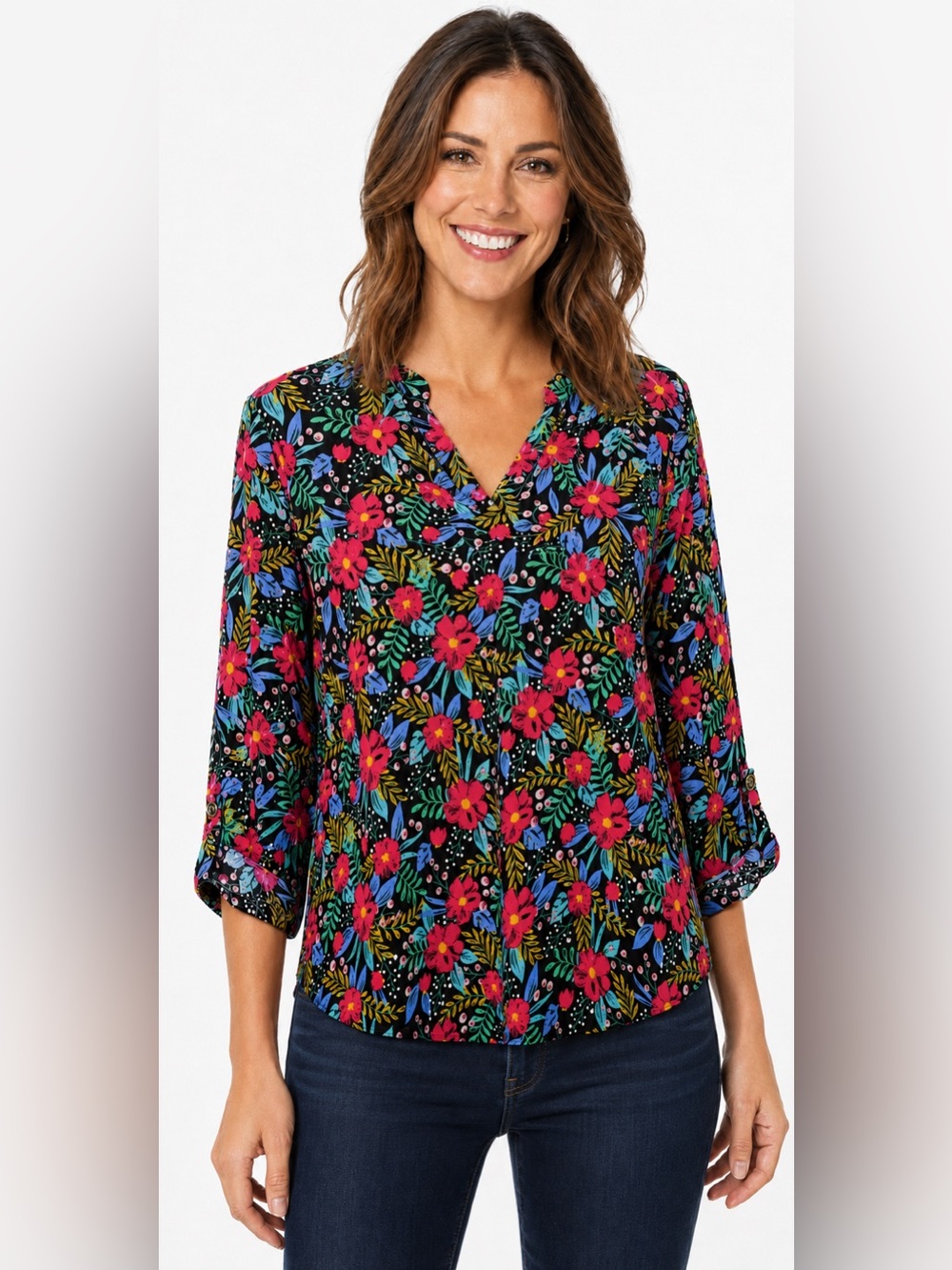 Dear Scarlett Black Multicolor Floral Roll-Tab Sleeve Blouse Size S